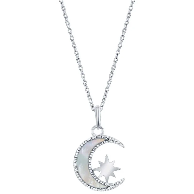 Women's necklaces peachy-charm-Classic Women's Necklace - Sterling Silver White MOP Crescent Moon with Star | M-6800