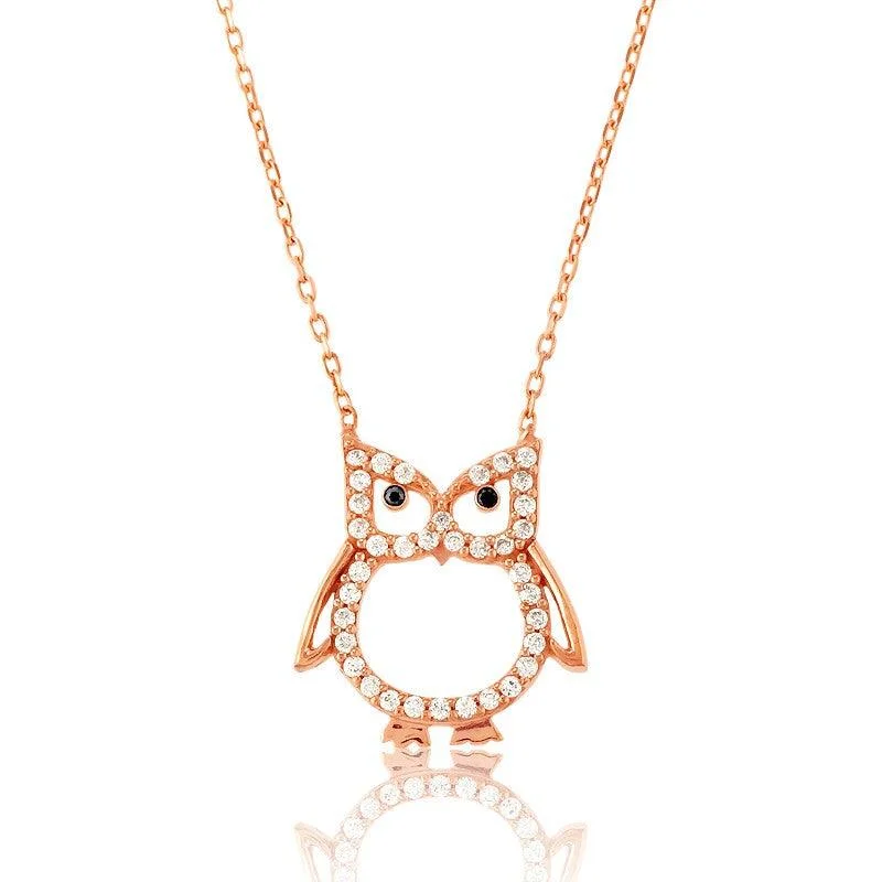 Women's necklaces glowing-charm-Sterling Silver Rose Gold CZ Open Owl Necklace