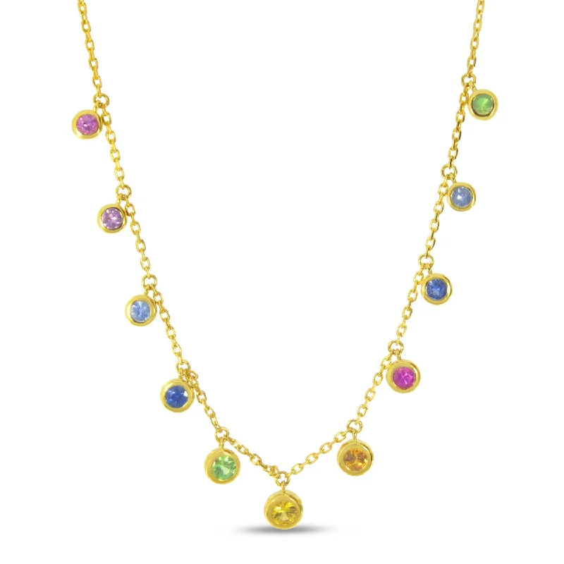 Women's necklaces eternal-shimmer-14K Yellow Gold Bezel Set Dangling Rainbow Sapphires Necklace P4549-18