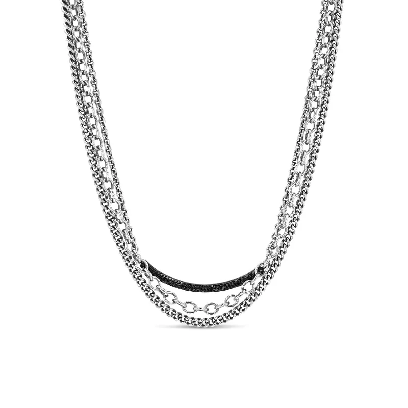 Women's necklaces soft-tone-Triple Chain Necklace with Black Diamond Smile Bar  N0002516