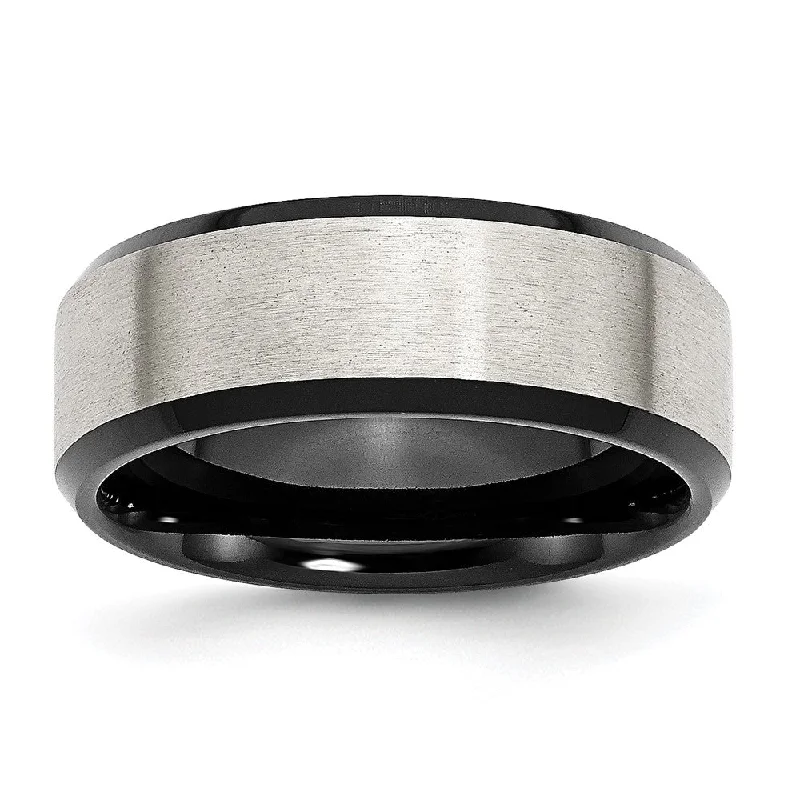 Women's rings rustic-platinum-Men's 8mm Stainless Steel & Black Plated Beveled Edge Band