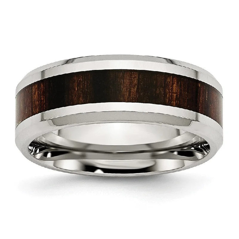 Women's rings cherished-token-Men's 8mm Stainless Steel Blk Koa Wood Enamel Beveled Comfort Fit Band