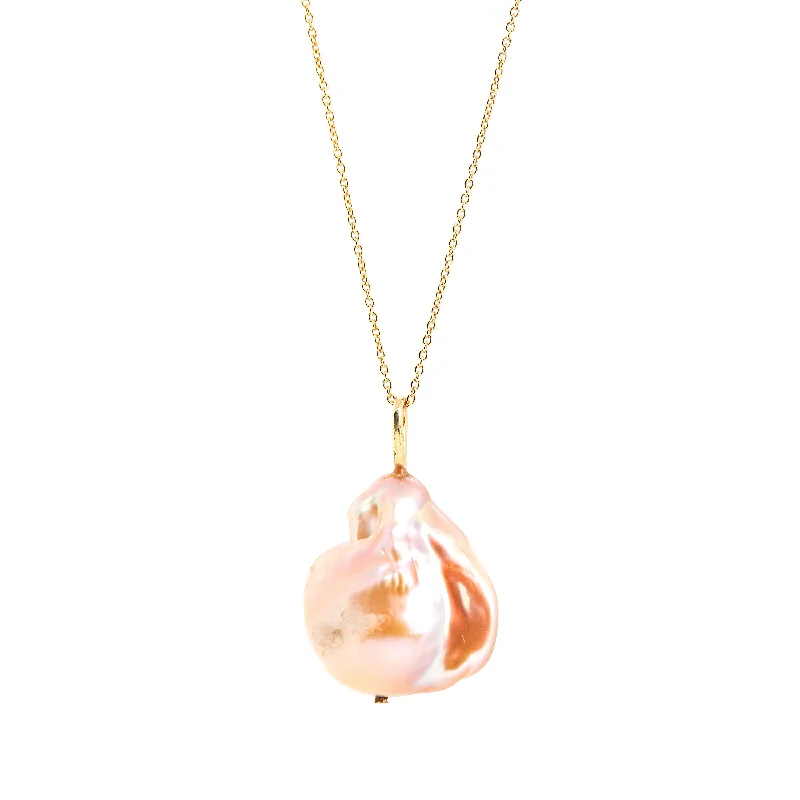 Women's necklaces peachy-hue-Peach Baroque Pearl Pendant / Necklace, Solid Gold