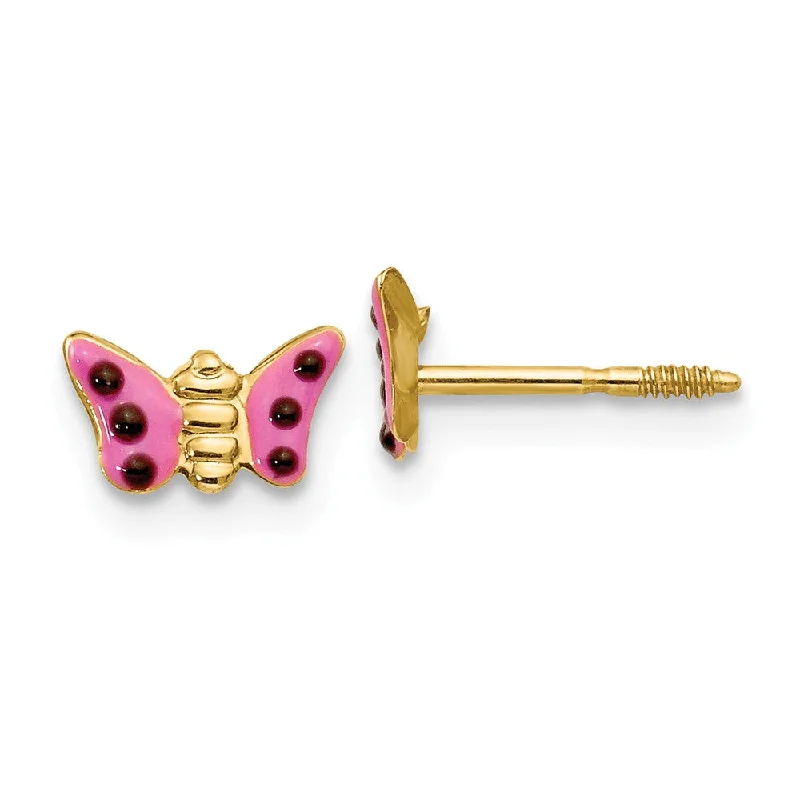 Women's earrings eternal-shimmer-Kids Pink Enameled Butterfly Post Earrings in 14k Yellow Gold