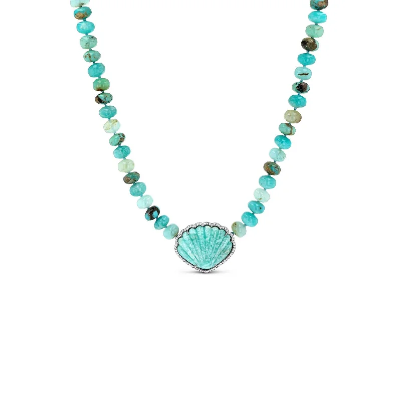 Women's necklaces fine-gleam-Amazonite Shell Pendant on Blue Mix Knotted Necklace - 16"  N0002994