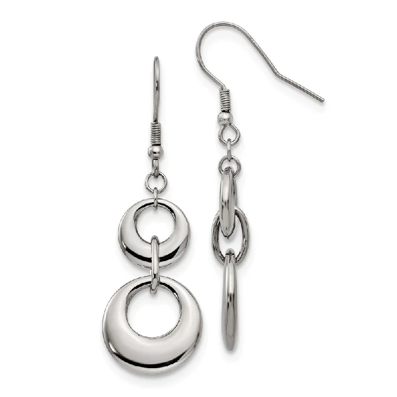 Women's earrings artisan-etched-Polished Puffed Double Circle Dangle Earrings in Stainless Steel