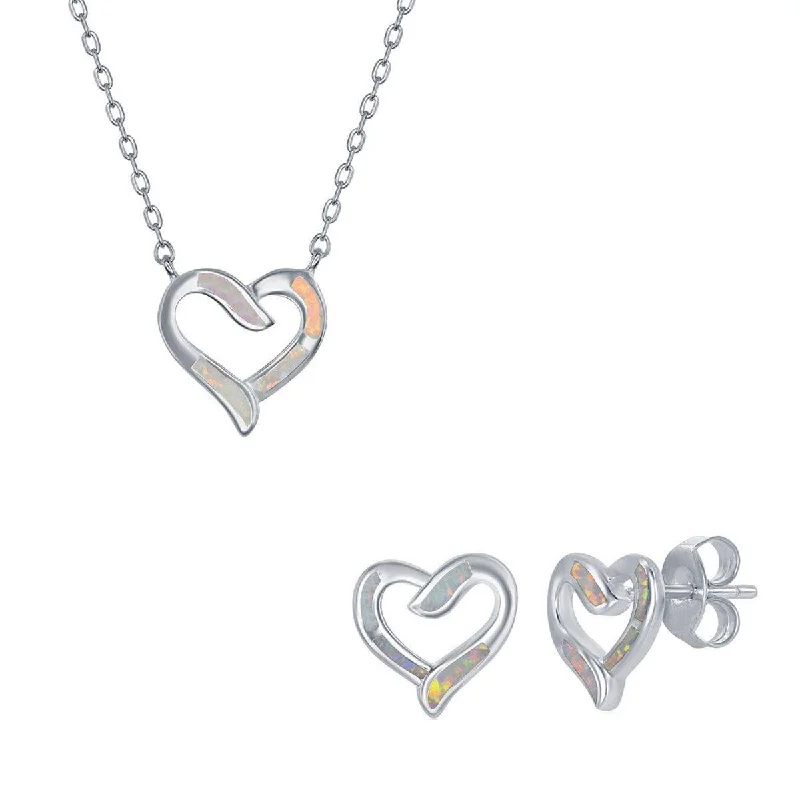 Women's necklaces chunky-steel-Opalata Women's Necklace and Earrings Set - Sterling Silver White Opal Heart | SET-576