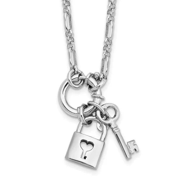 Women's necklaces festive-flair-Sterling Silver Rhodium-plated Polished Lock and Key Necklace