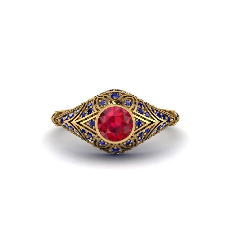 Women's engagement rings coral-charm-Ruby Bezel Vintage Filigree Engagement Ring - Kendall No. 70