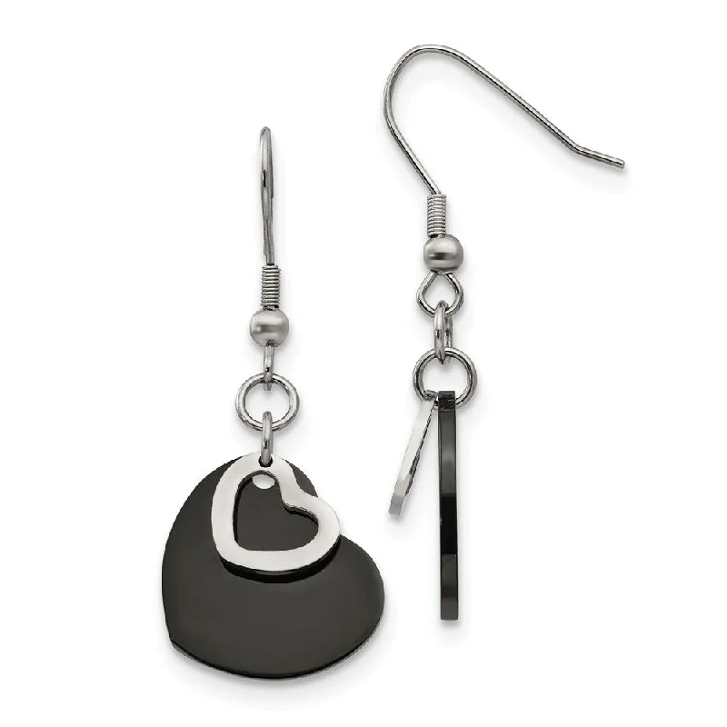 Women's earrings sculpted-drop-19mm Black Plated Double Heart Dangle Earrings in Stainless Steel