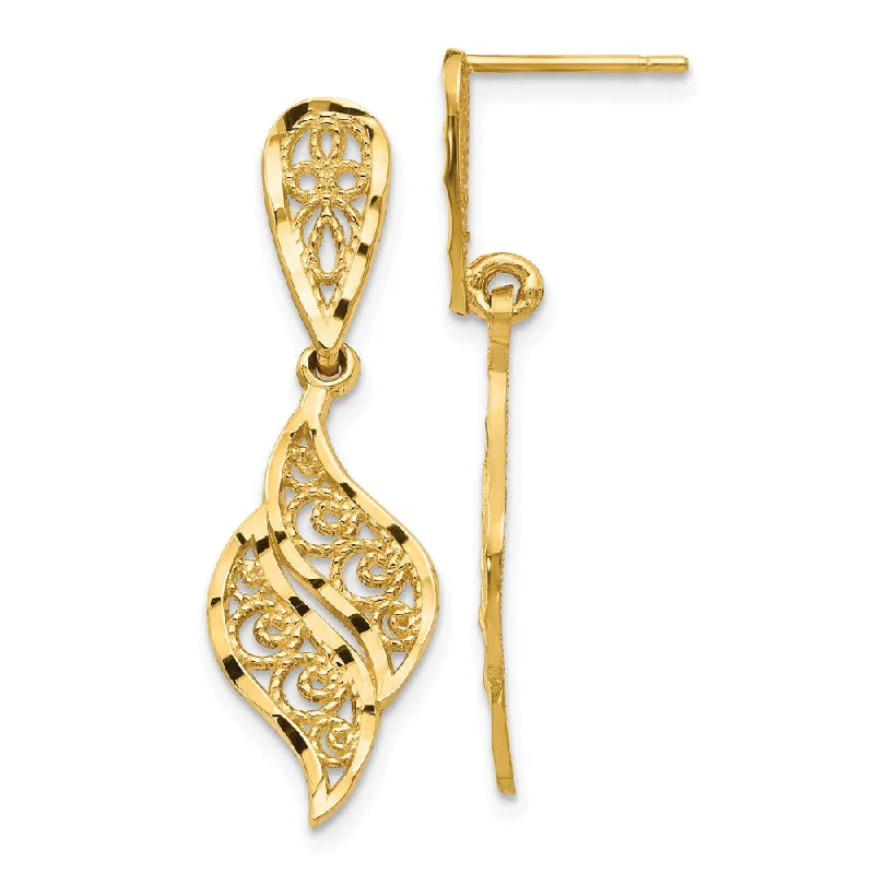 Women's earrings satin-rose-Diamond Cut Filigree Swirl Dangle Post Earrings in 14k Yellow Gold