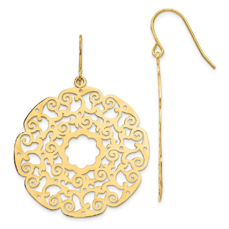 Women's earrings twinkling-bar-Open Lace Circle Dangle Earrings in 14k Yellow Gold