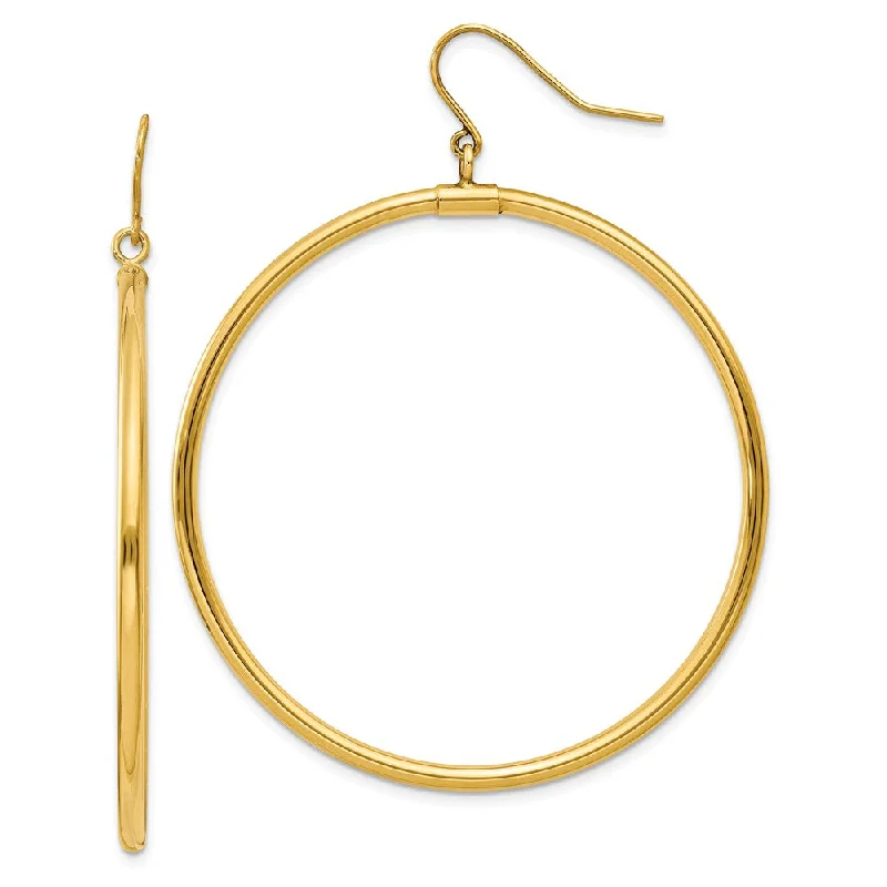 Women's earrings tender-tone-2mm, 14k Yellow Gold, Extra Large Tube Hoop Dangle Earrings, 45mm