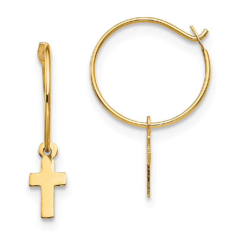 Women's earrings sculpted-drop-Children's 14k Yellow Gold 10mm Endless Hoop Dangling Cross Earrings