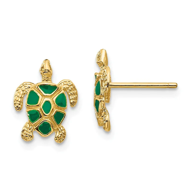 Women's earrings wispy-drop-Small Green Enameled Sea Turtle Post Earrings in 14k Yellow Gold