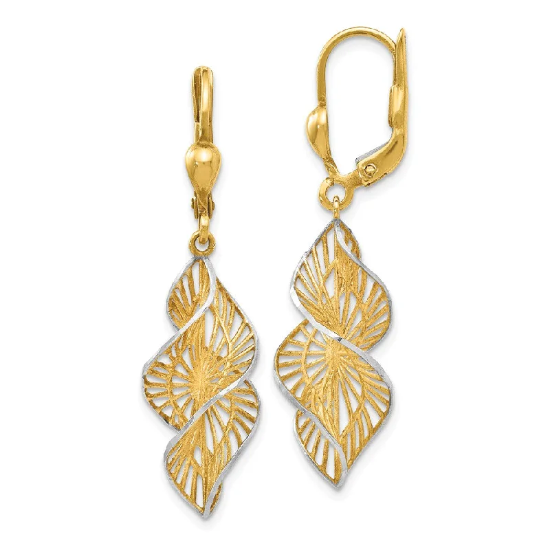 Women's earrings airy-drop-Two Tone Spiral Dangle Earrings in 14k Yellow Gold & White Rhodium