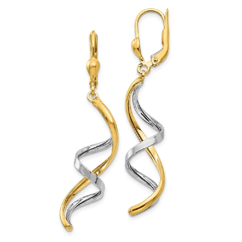 Women's earrings hand-carved-Spiral Lever Back Earrings in 14k Two-tone Gold