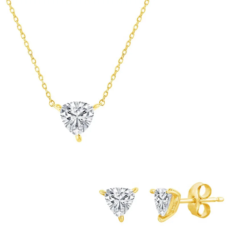 Women's necklaces luxe-crystal-Classic Women's Necklace and Earrings Set - Gold Solitaire Trillion CZ | SET-616