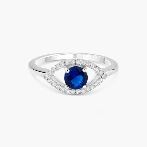 Women's rings glossy-edge-Rhodium Plated 925 Sterling Silver Open Evil Eye Ring with Blue Center Stones