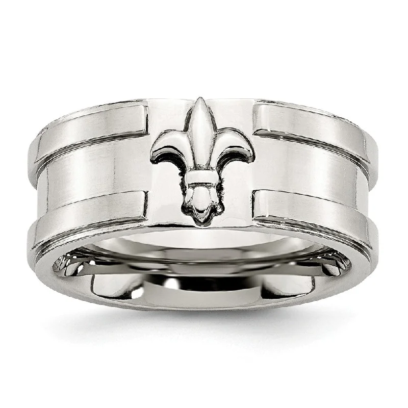 Women's rings smoky-quartz-Stainless Steel Fleur-de-lis 10mm Comfort Fit Band