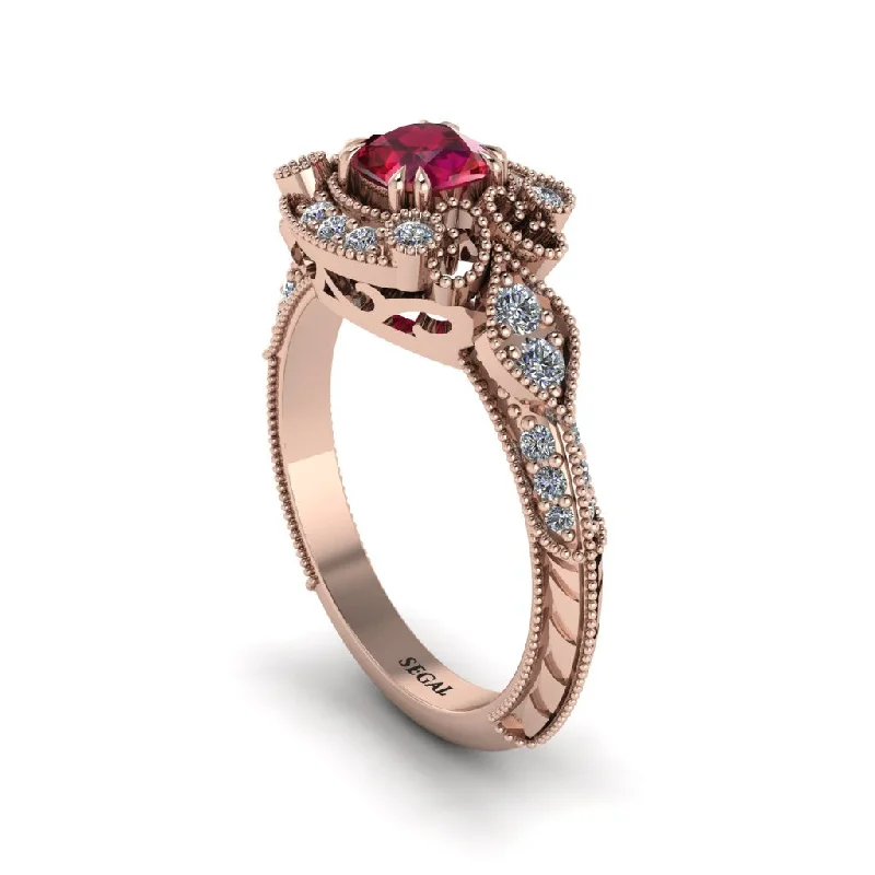 Women's engagement rings wispy-prong-Ruby Vintage Filigree Cushion Cut Engagement Ring - Elaina No. 11