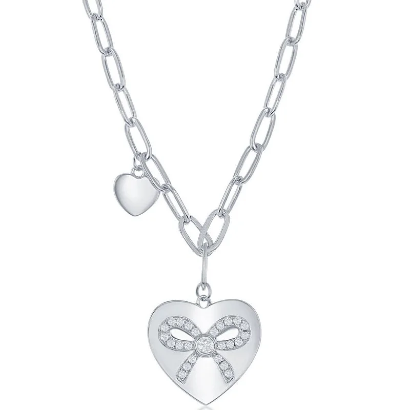 Women's necklaces faint-titanium-Classic Women's Necklace - Sterling Silver Heart with CZ Ribbon Paperclip | M-6664