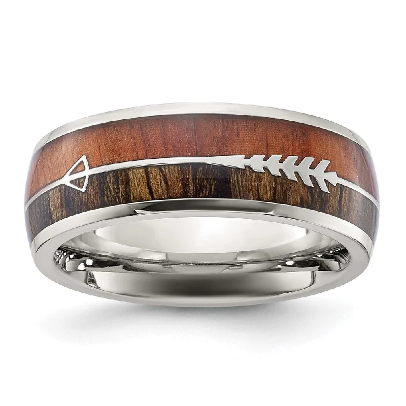 Women's rings luxe-daily-Men's 8mm Stainless Steel Wood & Enamel Inlay Arrow Design Domed Band