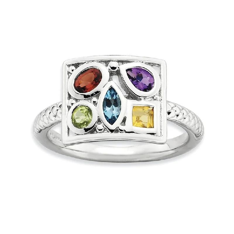 Women's rings satin-gold-Rhodium Plated Sterling Silver & Gemstone Stackable 10mm Collage Ring