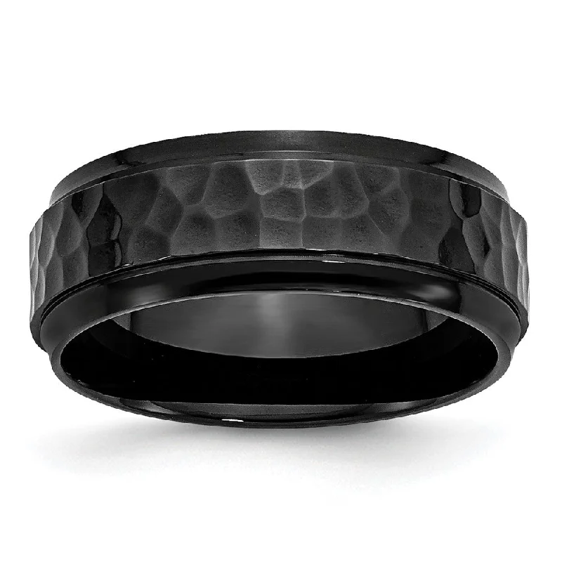 Women's rings futuristic-twist-Men's 8mm Black Plated Stainless Steel Hammered Beveled Edge Band