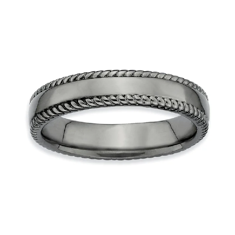 Women's rings playful-luxe-Black Plated Sterling Silver Stackable Rope Edged 4.25mm Band