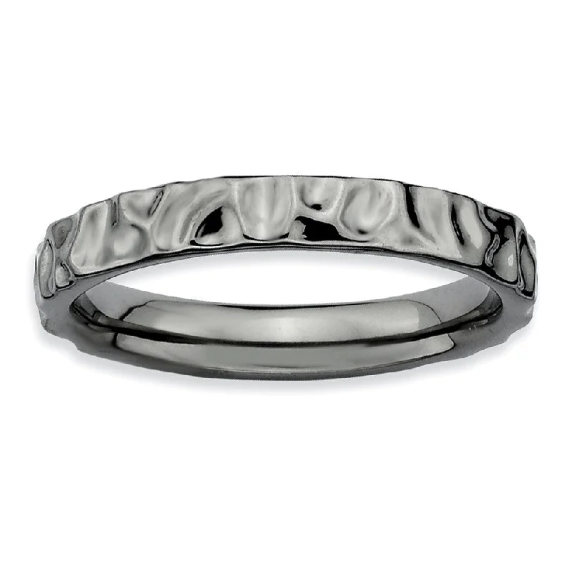 Women's rings cherished-token-3.25mm Black Plated Sterling Silver Stackable Hammered Polished Band