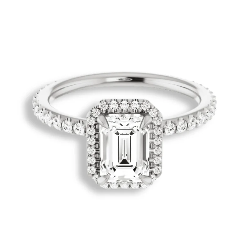 Women's engagement rings pave-accent-Emerald Cut Diamond Halo Engagement Ring