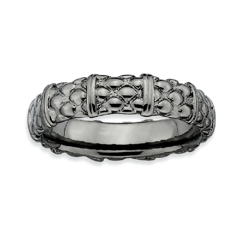 Women's rings rare-zircon-Black Plated Sterling Silver Stackable Divided Patterned 4.25mm Band