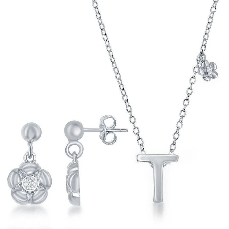 Women's necklaces blush-pendant-Sterling Silver Shiny "T" Necklace and Earrings Set