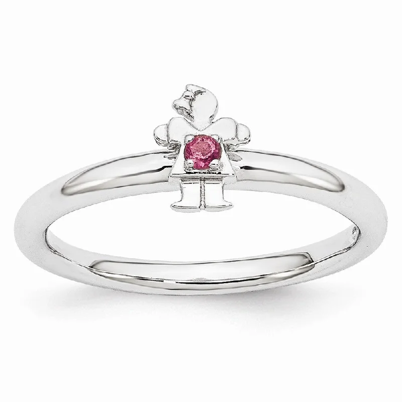 Women's rings twisted-vine-Rhodium Plated Sterling Silver Stackable Tourmaline 7mm Girl Ring