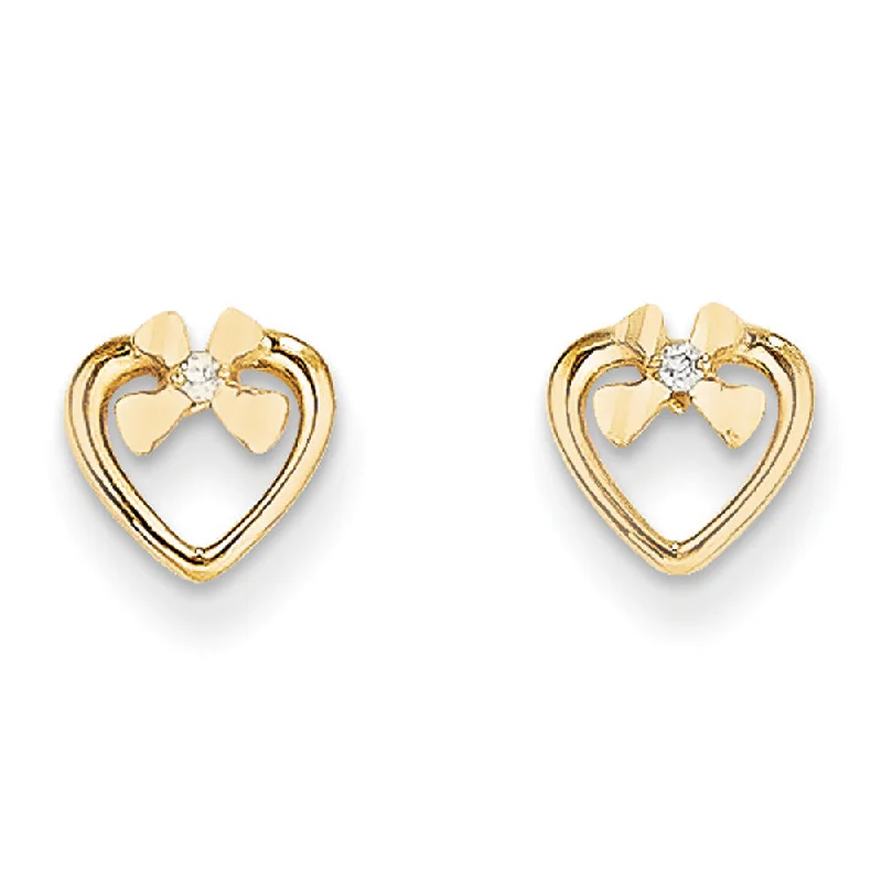 Women's earrings fine-gleam-Kids 7mm Heart and Cubic Zirconia Bow Post Earrings in 14k Yellow Gold