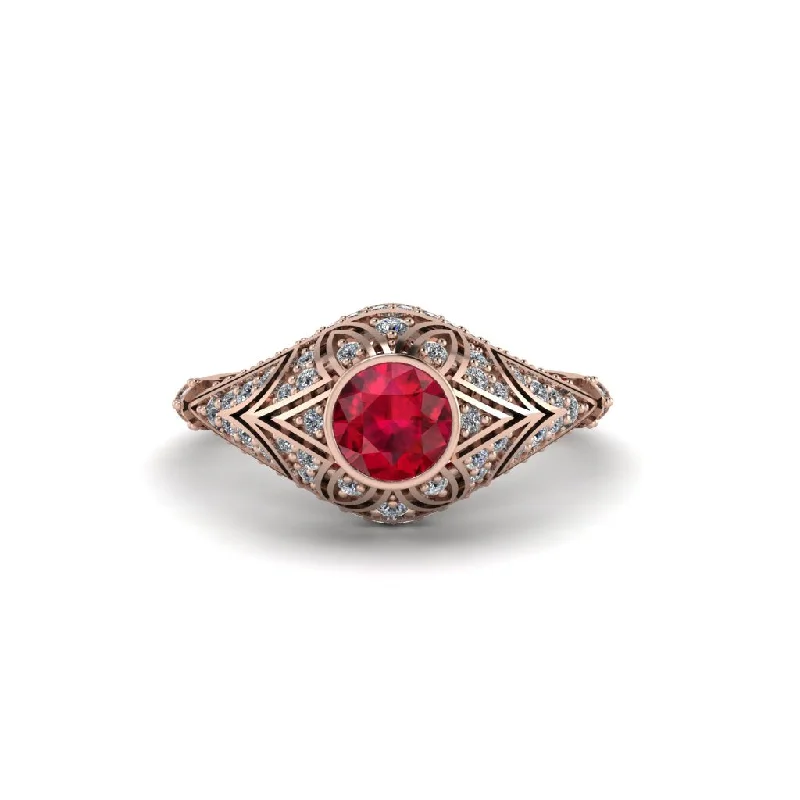 Women's engagement rings shimmering-peach-Ruby Bezel Vintage Filigree Engagement Ring - Kendall No. 11