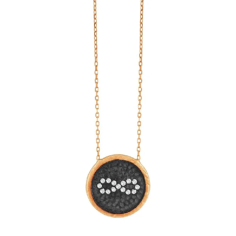 Women's necklaces sparkling-accent-Sterling Silver Rose Gold Plated Black Disc CZ Infinity Necklace