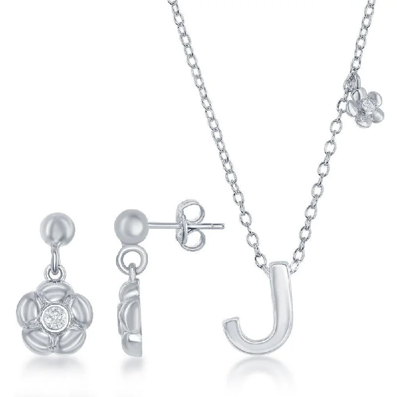 Women's necklaces wispy-stone-Sterling Silver Shiny "J" Necklace and Earrings Set