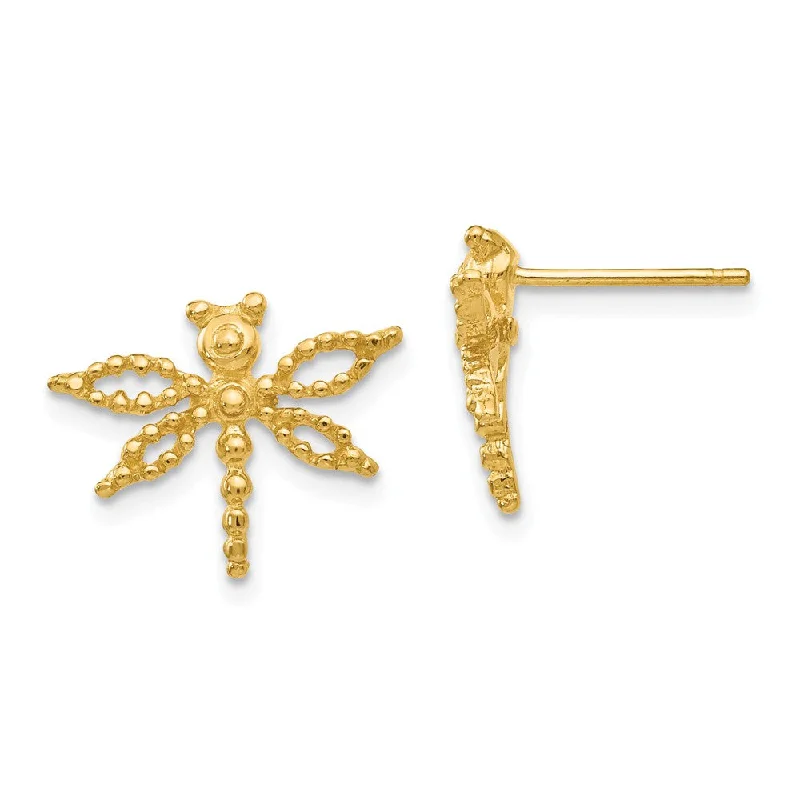 Women's earrings luminous-glow-Petite Textured Dragonfly Post Earrings in 14k Yellow Gold