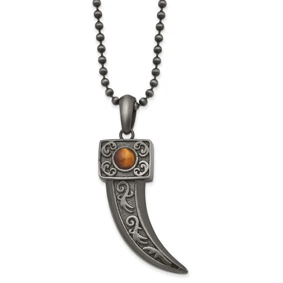 Women's necklaces exotic-zircon-Chisel Stainless Steel Antiqued White Bronze Plated with Tiger's Eye Horn Pendant on a 22 inch Ball Chain Necklace