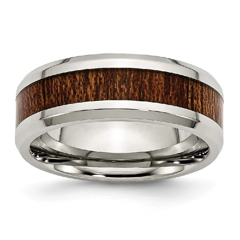 Women's rings crafted-glow-Men's 8mm Stainless Steel Brn Koa Wood Enamel Beveled Comfort Fit Band