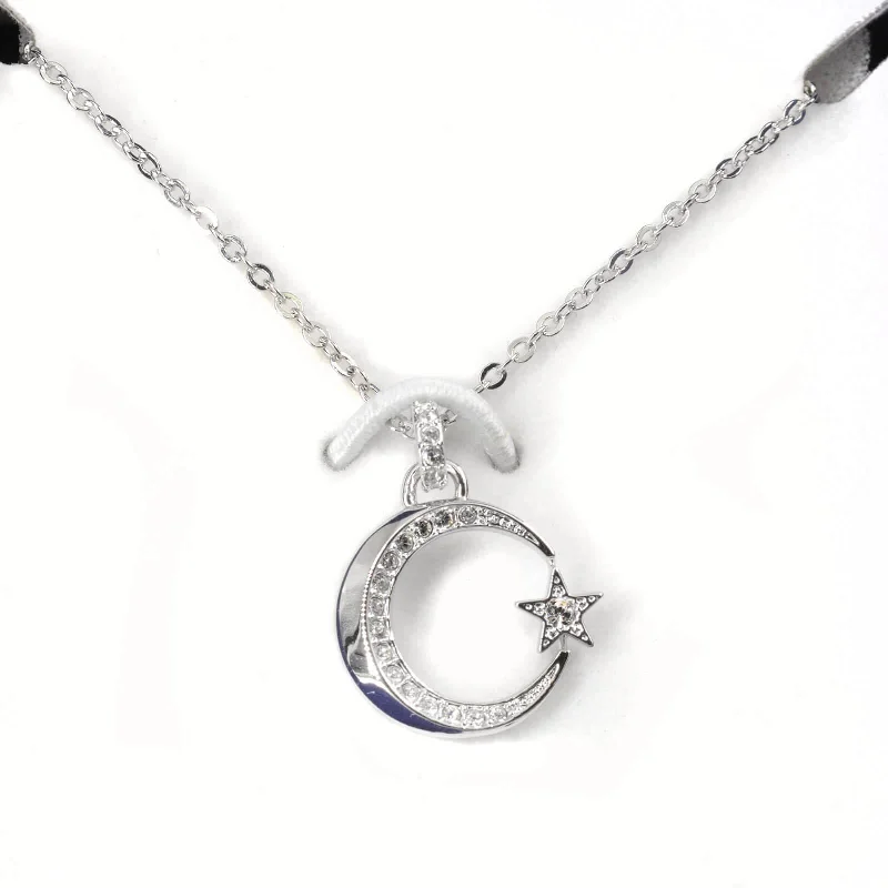 Women's necklaces airy-chain-Swarovski Crystal Crescent Moon and Star Silver Pendant Necklace | 5431860