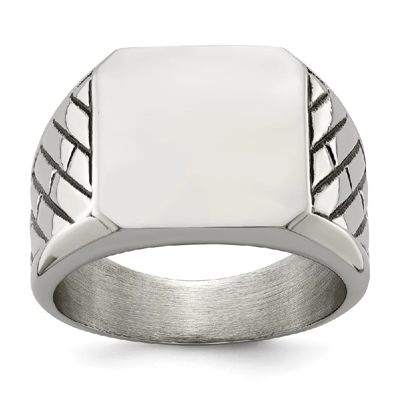 Women's rings velvety-silver-Men's 14.5mm Stainless Steel & Black Enamel Tapered Signet Ring