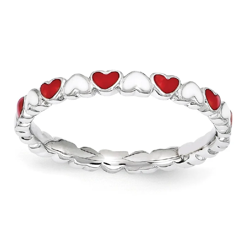 Women's rings Victorian-glow-2.5mm Sterling Silver Stackable Red & White Enamel Heart Band