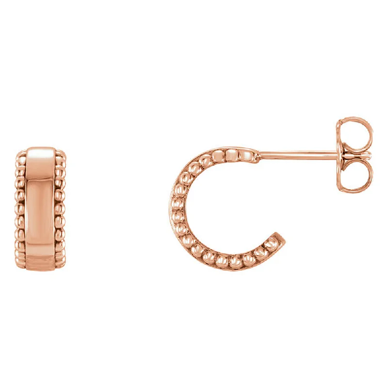 Women's earrings ornate-bar-4mm x 10mm (3/8 Inch) 14k Rose Gold Small Beaded J-Hoop Earrings