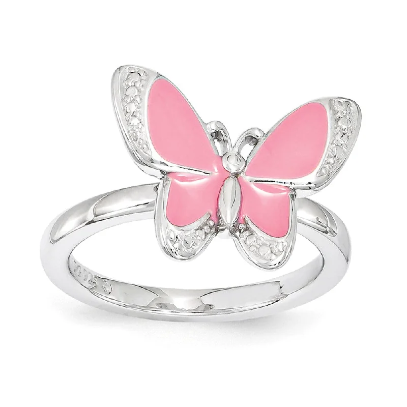 Women's rings shimmering-luxe-Sterling Silver & Pink Enamel Stackable 12mm Butterfly Ring