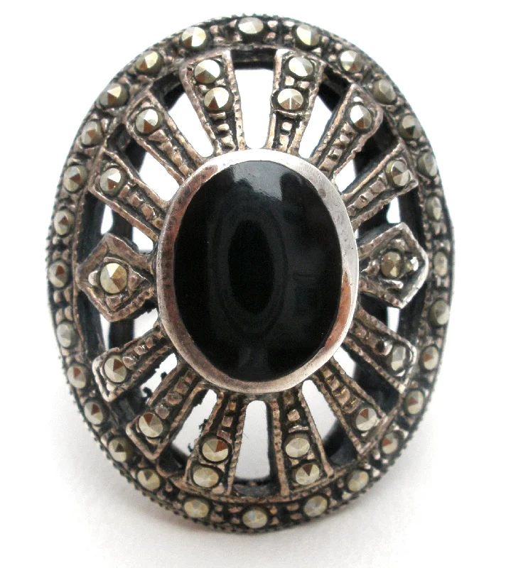 Women's rings rare-zircon-Sterling Silver Black Onyx & Marcasite Ring Size 5