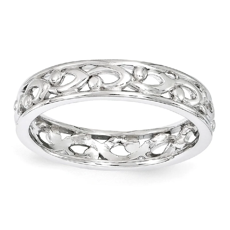 Women's rings arched-band-4.25mm Rhodium Plated Sterling Silver Stackable Carved Band