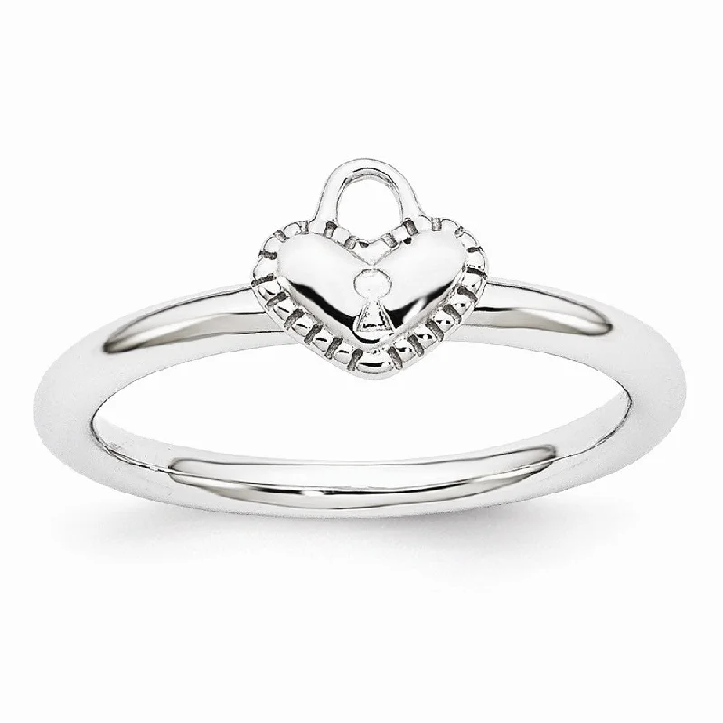 Women's rings twinkling-glow-Rhodium Plated Sterling Silver Stackable 7mm Heart Padlock Ring